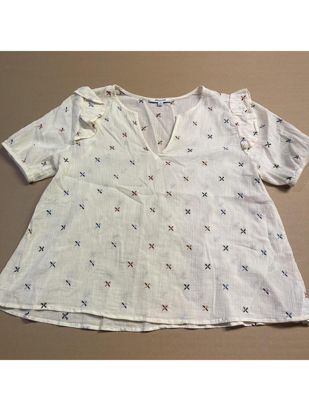 Madewell Light Cream Women's Blouse with Multicolor Cross Stitch Pattern Size M